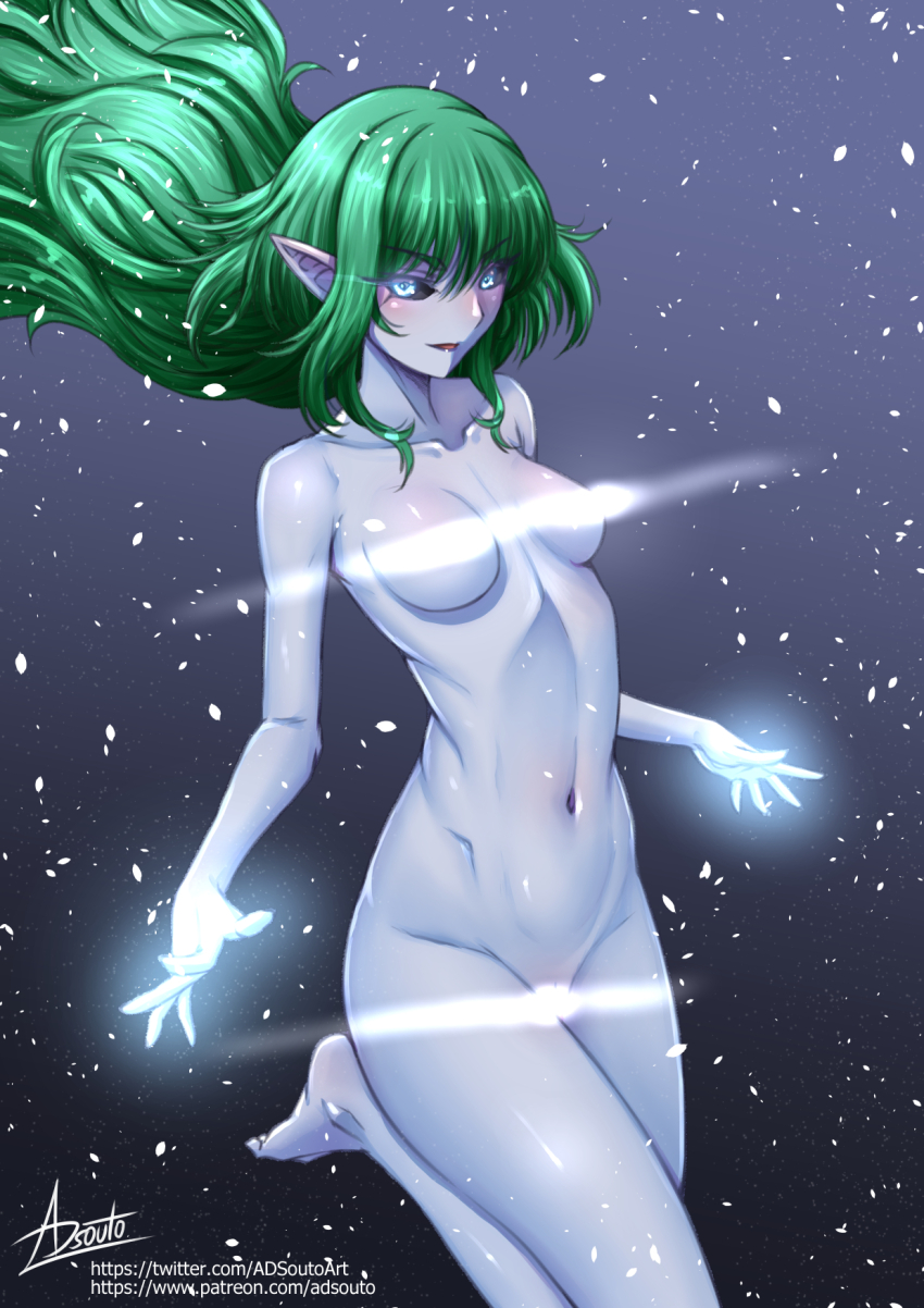 1girl adsouto black_sclera blue_eyes blue_skin breasts collarbone colored_sclera colored_skin completely_nude final_fantasy glowing_hands green_hair highres light_censor looking_at_viewer navel nude pointy_ears shiva_(final_fantasy) signature small_breasts solo variant_set