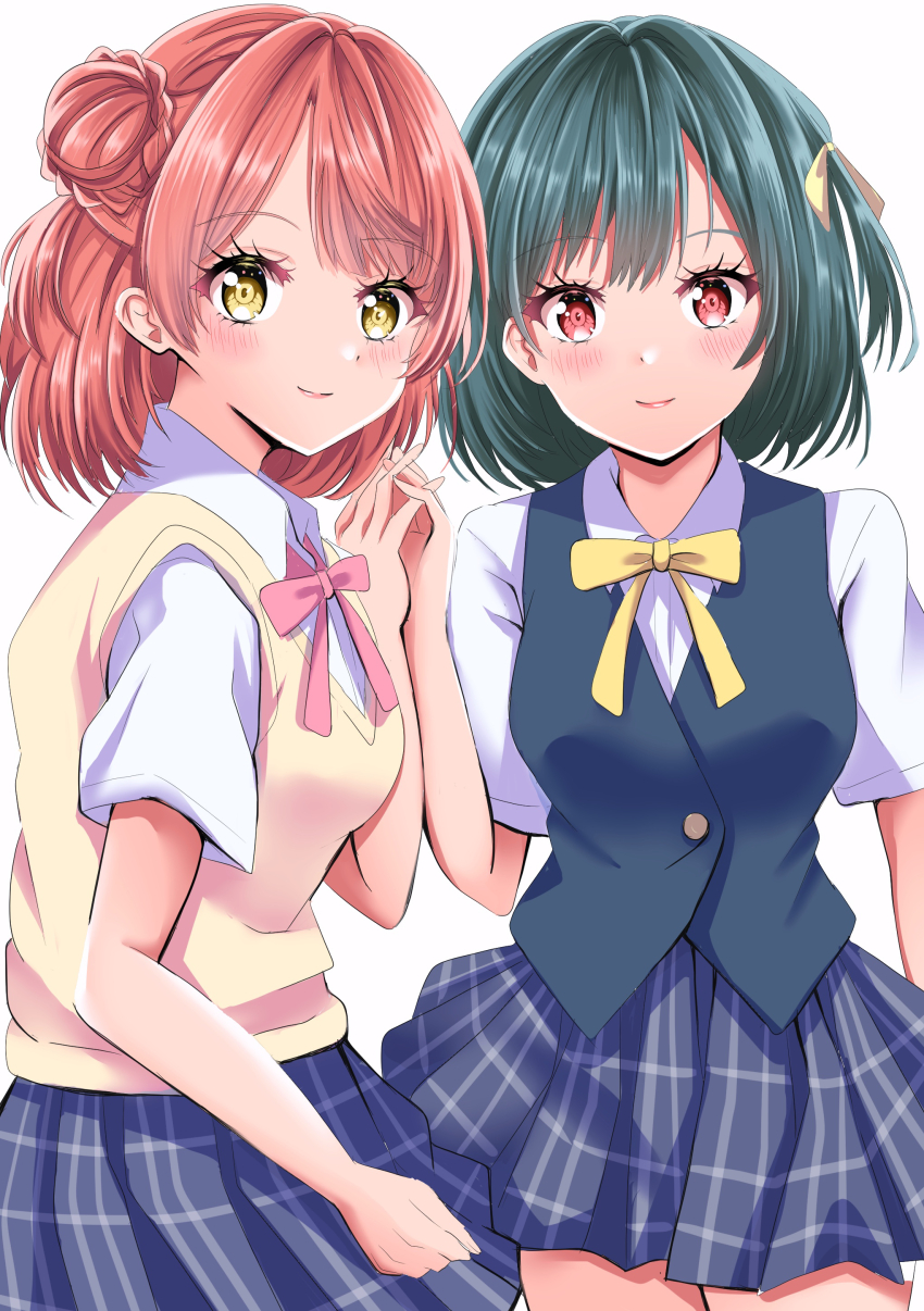2girls absurdres black_vest blue_skirt breasts bun_with_braided_base closed_mouth collared_shirt commentary_request dress_shirt green_hair hair_bun highres holding_hands looking_at_viewer love_live! love_live!_nijigasaki_high_school_idol_club maymaru medium_breasts medium_hair mifune_shioriko miniskirt multiple_girls nijigasaki_school_uniform one_side_up pink_eyes pink_hair pink_ribbon plaid_clothes plaid_skirt pleated_skirt ribbon school_uniform shirt short_sleeves single_side_bun skirt smile sweater_vest uehara_ayumu vest white_shirt yellow_eyes yellow_ribbon yellow_sweater_vest