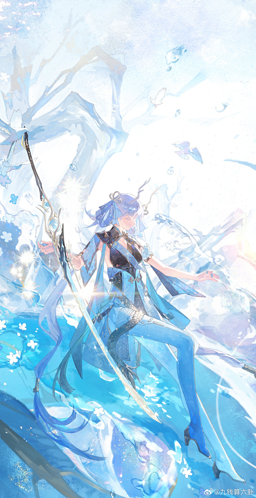 1girl absurdres bare_arms bird black_dress blue_ribbon boots chinese_commentary closed_eyes collarbone commentary_request dress eastern_dragon_horns floating floating_object floating_weapon full_body hair_ribbon hair_rings highres jinhsi_(wuthering_waves) long_hair long_sword low-tied_long_hair mole mole_on_cheek ribbon shachang solo thigh_boots twintails two-tone_dress very_long_hair watermark weibo_watermark white_bird white_boots white_dress white_hair wuthering_waves