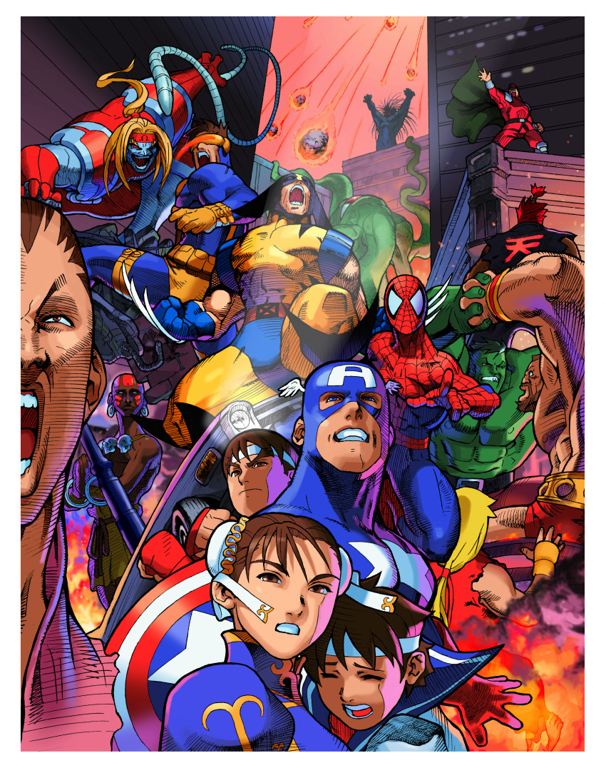 2girls 6+boys \o/ absurdres akuma_(street_fighter) arms_up bengus blackheart_(marvel) blonde_hair blue_sailor_collar bodysuit border brown_eyes brown_hair bruce_banner bun_cover capcom captain_america car china_dress chinese_clothes chun-li claws clenched_teeth closed_eyes crossover cyclops_(x-men) dhalsim double_bun dougi dress everyone fingerless_gloves game_cg gloves hair_bun head-mounted_display headband hibiki_dan highres hulk jewelry kasugano_sakura ken_masters m._bison marvel marvel_super_heroes_vs._street_fighter marvel_vs._capcom mechanical_tentacles meteor_shower mma_gloves motor_vehicle multiple_boys multiple_girls necklace non-web_source official_art omega_red on_roof open_mouth outstretched_arms ponytail ryu_(street_fighter) sailor_collar school_uniform serafuku short_hair shuma_gorath skull skull_necklace spider-man steve_rogers street_fighter teeth topknot white_border white_headband wolverine_(x-men) x-men yellow_bodysuit zangief