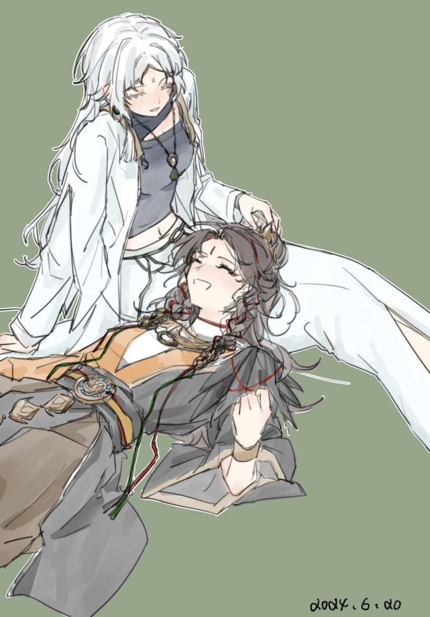 2girls black_robe black_shirt chinese_commentary closed_eyes commentary_request dated du_ruo_(path_to_nowhere) green_background hand_in_another&#039;s_hair hand_on_another&#039;s_head highres jewelry lap_pillow long_hair long_sleeves lying_on_lap multiple_girls necklace open_mouth parted_lips path_to_nowhere robe shirt simple_background sitting skirt smile tooong4 white_hair white_robe white_skirt yao_(path_to_nowhere) yuri