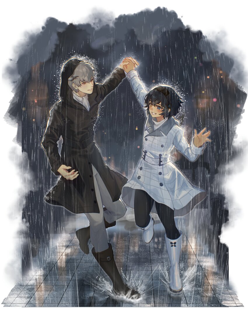 2boys absurdres arm_up ascot belt belt_buckle black_belt black_boots black_coat black_pants blue_eyes blue_hair boots buckle buttons cloud cloudy_sky coat commentary crossed_bangs eye_contact full_body grey_hair grey_pants gwedo_metaphor hairband heterochromia highres holding_hands hood hood_up hooded_coat horns lapels long_sleeves looking_at_another male_focus metaphor:_refantazio mixed-language_commentary multiple_boys notched_lapels outdoors pants patterned_clothing protagonist_(metaphor:_refantazio) rain ripples shirt shoe_belt short_hair sky sleeve_cuffs smile strohl_(metaphor:_refantazio) teeth water wet wet_hair white_ascot white_boots white_coat white_shirt yellow_eyes
