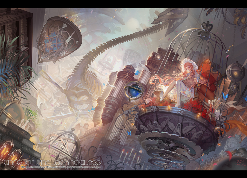 1girl absurdly_detailed_composition alice&#039;s_adventures_in_wonderland alice_(alice_in_wonderland) alphonse_(white_datura) birdcage blonde_hair blue_eyes book bookshelf cage candle chair copyright_name dated english_text female_focus flower gears globe holding holding_book intricate_background letterboxed library loaded_interior long_hair open_book petals red_flower red_rose rose scenery single_thighhigh sitting skeleton solo thighhighs thorns tube vacuum_tube white_thighhighs