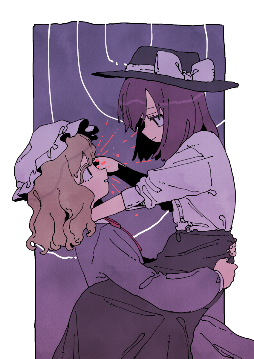 2girls black_hat black_skirt blonde_hair bow brown_hair closed_mouth dress eye_contact hat hat_bow highres long_sleeves looking_at_another maribel_hearn mob_cap multiple_girls nama_udon open_mouth purple_dress shirt short_hair short_sleeves skirt touhou usami_renko white_bow white_hat white_shirt
