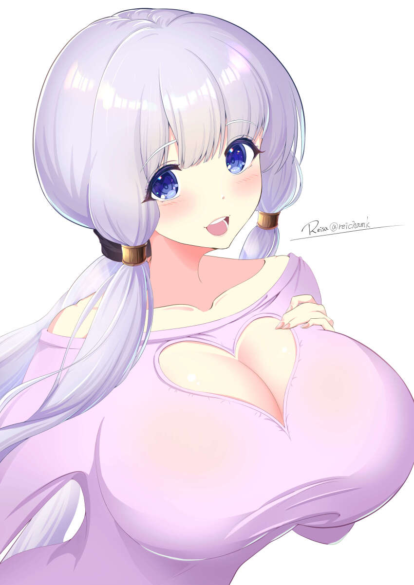 absurdres azur_lane bare_shoulders blue_eyes blush breasts cleavage cleavage_cutout clothing_cutout hand_on_own_chest heart_cutout highres huge_breasts illustrious_(azur_lane) long_hair looking_at_viewer open_mouth ponytail purple_shirt reisa-aisaka shirt twintails white_background white_hair