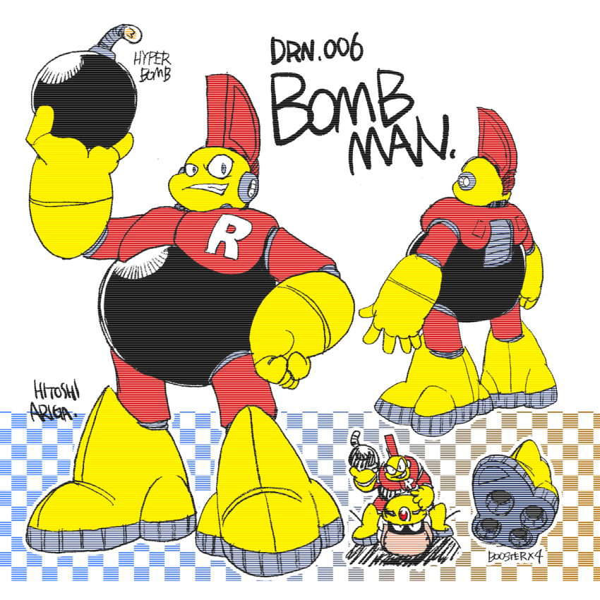 2boys ariga_hitoshi armor artist_name blue_background bomb bomb_man boots carrying character_name checkered_background commentary_request concept_art doodles english_text evil_grin evil_smile explosive from_behind full_body fuse grey_eyes grin guts_man hand_on_own_hip hand_up hard_hat helmet highres holding holding_bomb humanoid_robot joints looking_ahead looking_at_viewer male_focus mega_man_(classic) mega_man_(series) mega_man_1 mega_man_megamix multiple_boys multiple_views no_humans orange_background robot robot_ears robot_joints scanlines shoe_soles shoulder_carry simple_background sitting smile standing three_quarter_view turnaround uneven_eyes weapon white_background yellow_boots