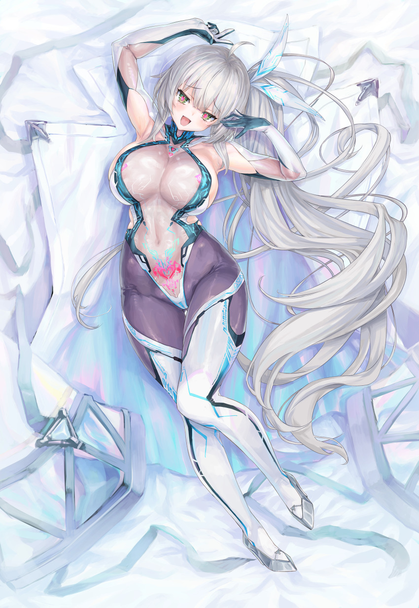 1girl absurdres arms_up black_bodystocking breasts commentary_request commission full_body gloves green_eyes grey_hair hair_ribbon heart heart-shaped_pupils highres houchi_shoujo kiyama_satoshi large_breasts long_hair looking_at_viewer lying navel on_back open_mouth pubic_tattoo ribbon rimuchi_(vtuber) sidelocks skeb_commission smile solo symbol-shaped_pupils tattoo thighhighs very_long_hair virtual_youtuber white_gloves white_thighhighs