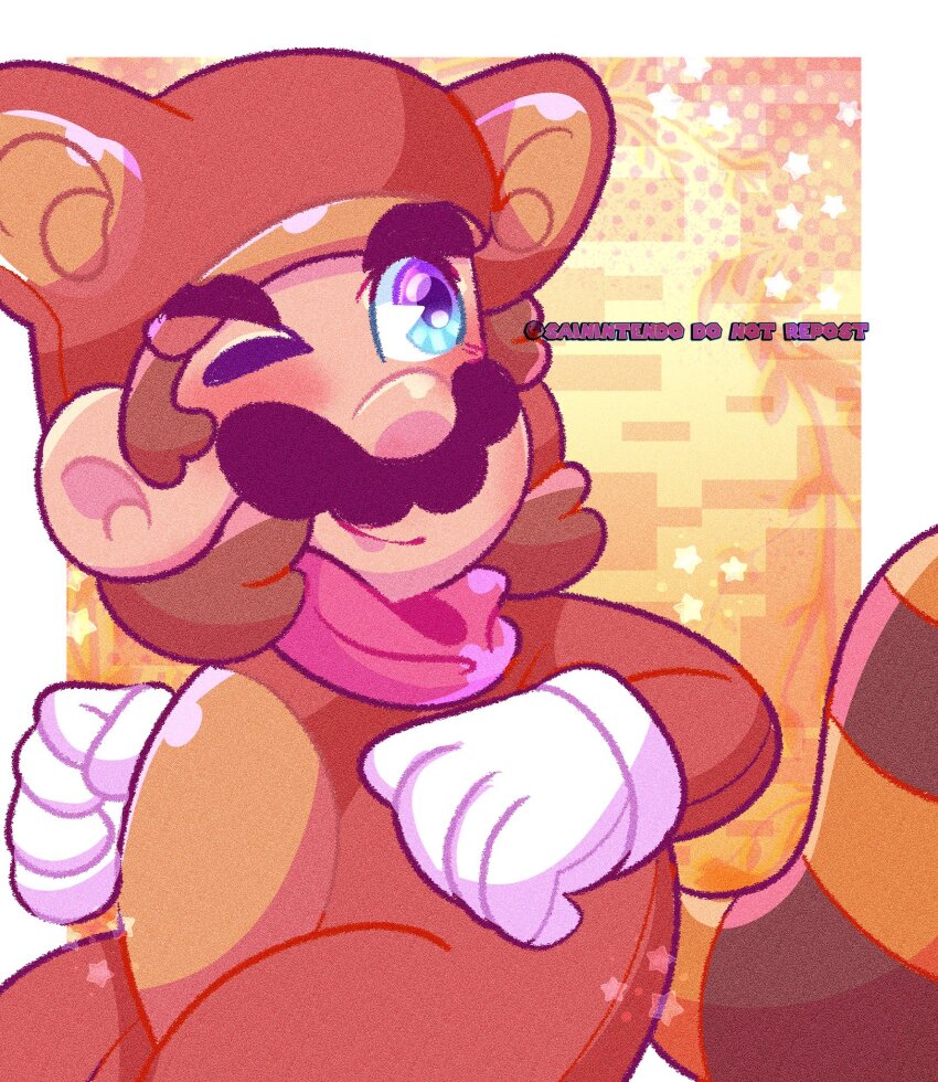 1boy animal_ears blue_eyes facial_hair gloves highres male_focus mario mario_(series) mustache nintendo one_eye_closed raccoon_ears raccoon_tail scarf smirk tail tanooki_mario tanooki_suit the_super_mario_bros._movie