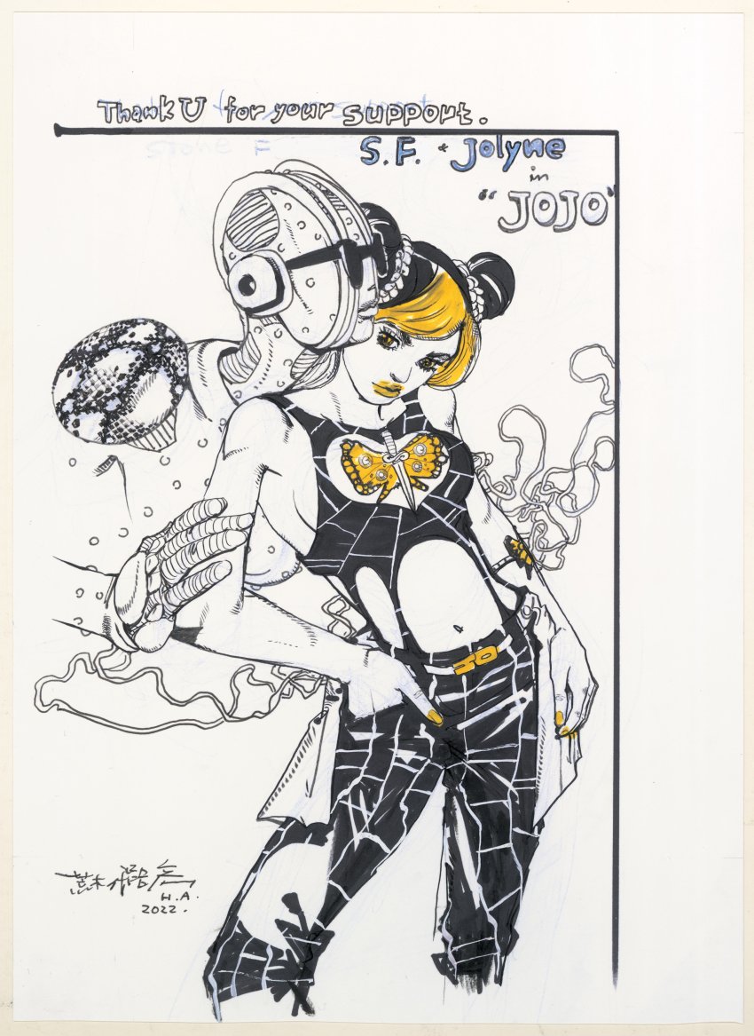 2022 absurdres araki_hirohiko blonde_hair breasts commentary double_bun english_commentary english_text hair_bun hand_in_pocket highres jojo_no_kimyou_na_bouken kuujou_jolyne leaning_to_the_side marker_(medium) navel pants sideboob signature spot_color stand_(jojo) stone_free stone_ocean sunglasses thank_you traditional_media yellow_eyes