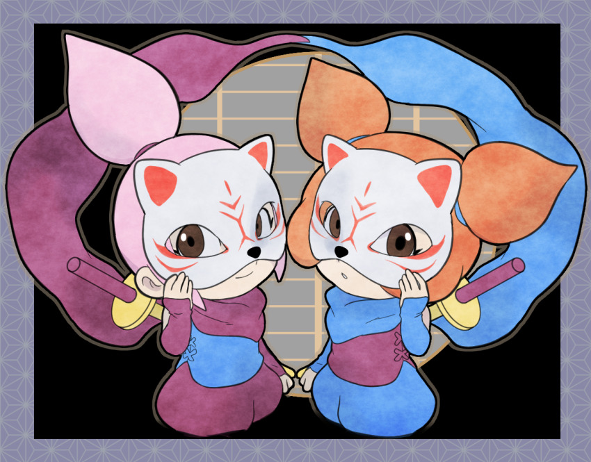 2girls ana_(warioware) blue_scarf brown_eyes double_bun fox_mask hair_bun hoshi_(star-name2000) kat_(warioware) looking_at_viewer mask multiple_girls ninja nintendo orange_hair parted_lips pink_hair purple_scarf scarf smile sword sword_on_back warioware weapon weapon_on_back