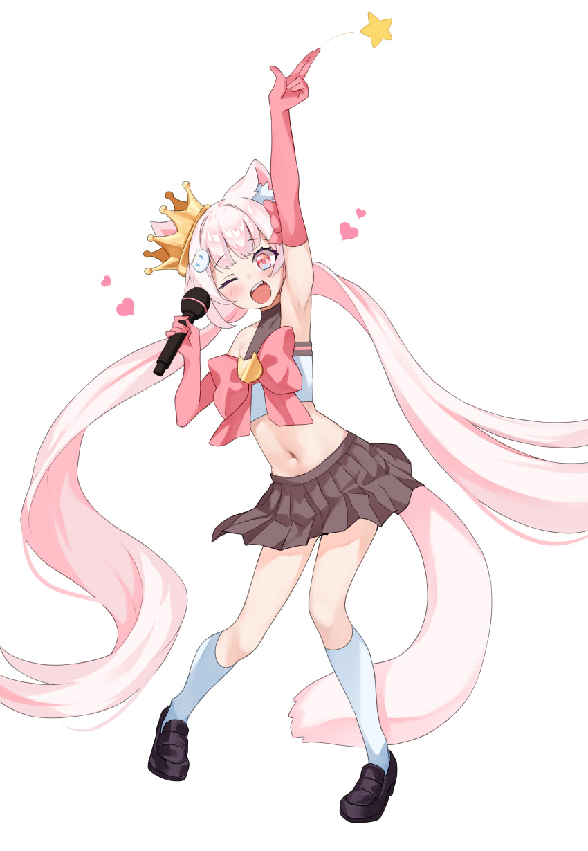1girl :d absurdly_long_hair absurdres animal_ear_fluff animal_ears arm_up armpits bare_shoulders black_shoes blue_eyes bow brown_skirt cat_hair_ornament crop_top cropped_shirt crown elbow_gloves fang floating_hair full_body gloves hair_bow hair_ornament hand_up heart highres holding holding_microphone horegi huge_bow l_hand leaning_to_the_side legs_apart long_hair looking_at_viewer low_twintails microphone midriff miniskirt multicolored_eyes navel one_eye_closed open_mouth original pink_hair pink_tail pleated_skirt red_bow red_eyes red_gloves shirt shirt_bow shoes simple_background skirt sleeveless sleeveless_shirt smile socks solo standing star_(symbol) tail teeth tilted_headwear twintails upper_teeth_only very_long_hair white_background white_shirt white_socks