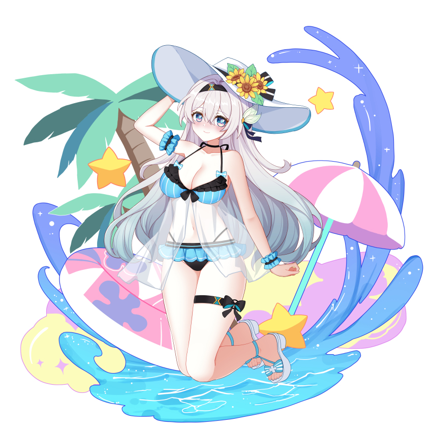 1girl absurdres alternate_costume aqua_hair bare_shoulders bikini breasts cleavage closed_mouth commentary_request ff2074 firefly_(honkai:_star_rail) full_body gradient_hair grey_hair hair_between_eyes hand_up hat highres honkai:_star_rail honkai_(series) kneeling long_hair looking_at_viewer multicolored_eyes multicolored_hair navel sandals simple_background smile solo stomach swim_ring swimsuit thigh_strap white_background white_hat white_sandals