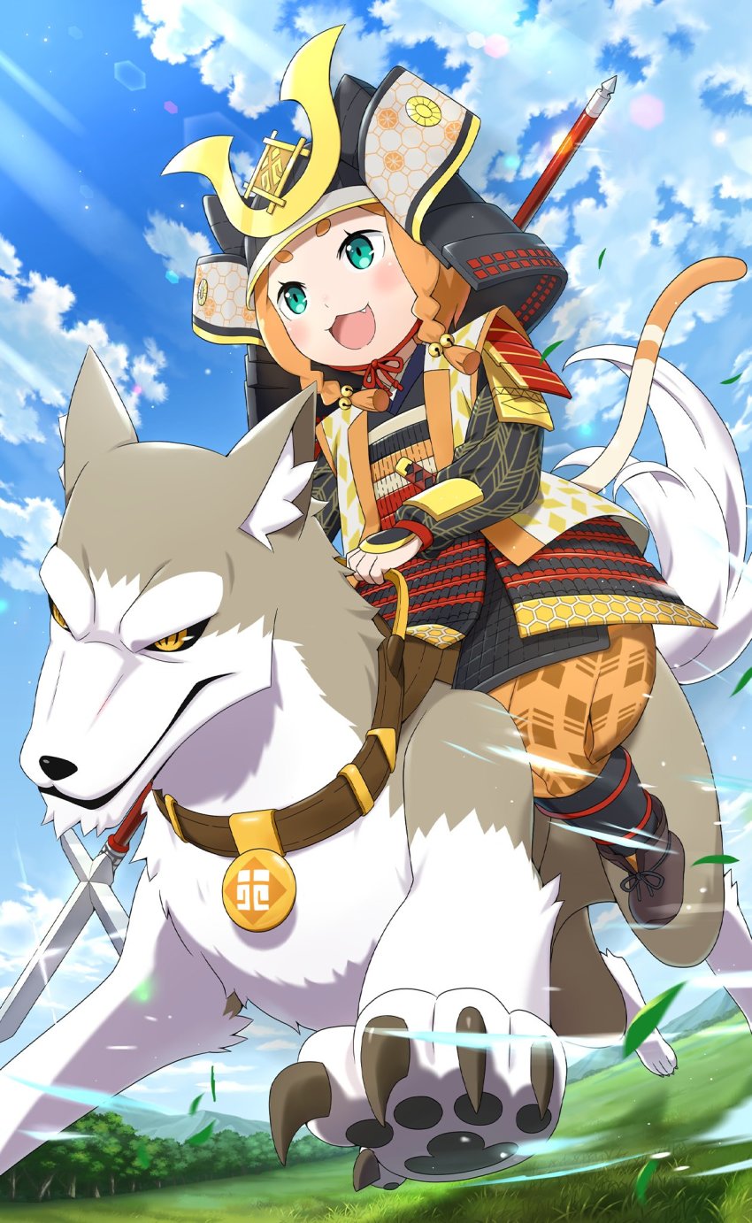 1girl alternate_costume aqua_eyes armor bell braid cat_tail cloud cloudy_sky day dog fangs helmet highres holding holding_polearm holding_weapon japanese_armor juumonji_yari kabuto_(helmet) leaf long_sleeves looking_at_viewer mimi_pearlbaton official_art open_mouth orange_hair outdoors pants pants_tucked_in polearm re:zero_kara_hajimeru_isekai_seikatsu re:zero_kara_hajimeru_isekai_seikatsu:_lost_in_memories shikoro short_hair shoulder_armor sky smile spear tail twin_braids weapon yari
