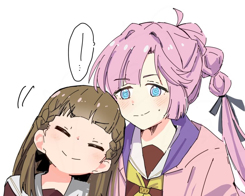 ... 2girls =_= @_@ ahoge anyoji_hime black_ribbon blue_eyes blunt_bangs blunt_sidelocks blush braid brown_dress brown_hair center-flap_bangs closed_eyes closed_mouth dress flustered hair_intakes hair_ribbon highres hood hooded_jacket jacket kachimachi_kosuzu kisaragi_yukitora leaning_on_person leaning_to_the_side link!_like!_love_live! long_hair love_live! multi-tied_hair multiple_girls neckerchief open_clothes open_jacket pink_hair pink_jacket ponytail ribbon sailor_collar sailor_dress side_braids sidelocks simple_background smile speech_bubble split_mouth spoken_ellipsis v-shaped_eyebrows virtual_youtuber white_background white_sailor_collar winter_uniform yellow_neckerchief