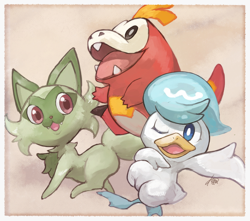 ;d blue_eyes border bright_pupils commentary_request fangs fuecoco gen_9_pokemon highres nintendo no_humans one_eye_closed open_mouth pokemon pokemon_(creature) quaxly signature smile sprigatito starter_pokemon_trio tongue warabimoti168 white_border