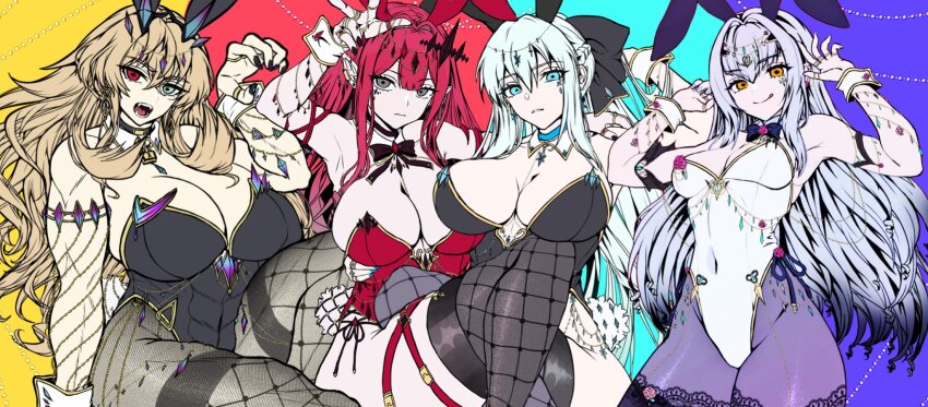4girls abs animal_ears baobhan_sith_(fate) bare_shoulders barghest_(fate) biceps black_leotard black_thighhighs blonde_hair blue_eyes bow bowtie breasts brown_pantyhose choker cleavage covered_navel detached_collar fake_animal_ears fate/grand_order fate_(series) forked_eyebrows gold_trim green_eyes grey_eyes grey_pantyhose hair_ornament hand_up heterochromia high_heels highleg highleg_leotard highres horns large_breasts leotard licking_lips long_hair looking_at_viewer medium_breasts melusine_(fate) morgan_le_fay_(fate) multiple_girls muscular muscular_female open_mouth pantyhose pink_hair playboy_bunny ponytail rabbit_ears rabbit_tail red_eyes red_leotard satou_nui sidelocks smile tail thick_thighs thighband_pantyhose thighhighs thighs tongue tongue_out v white_hair white_leotard wrist_cuffs yellow_eyes