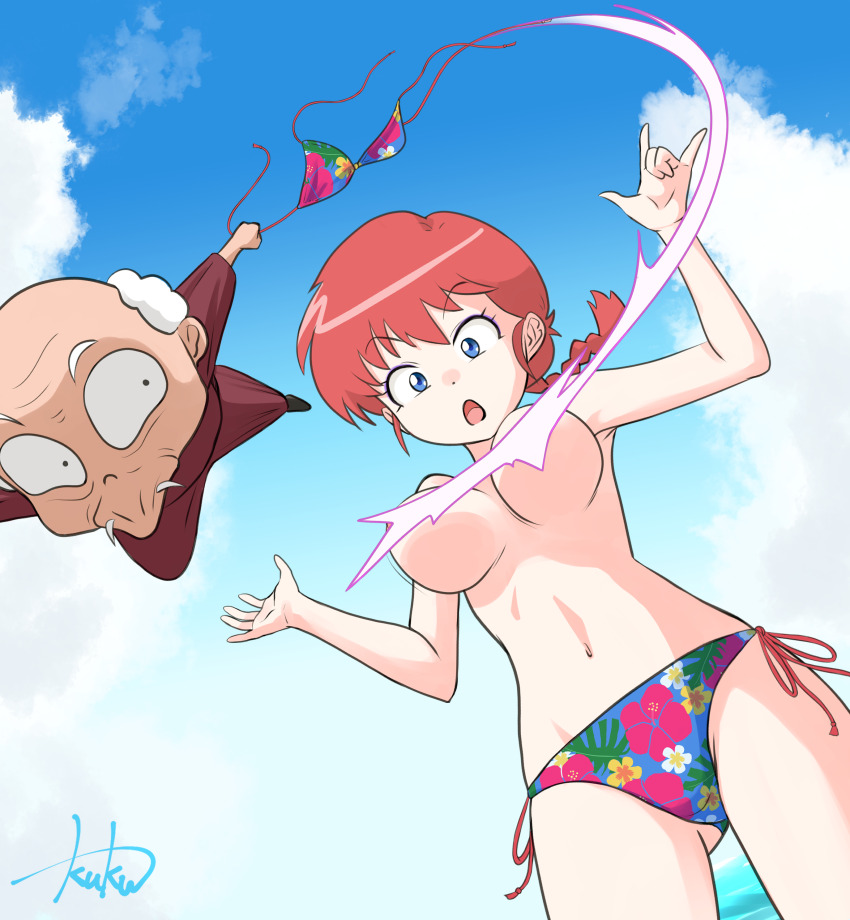 1boy 1girl absurdres armpits artist_name assisted_exposure bald bikini blue_eyes blue_sky blush braid breasts censored censored_nipples cloud convenient_censoring cowboy_shot cumulonimbus_cloud dot_pupils dutch_angle eyelashes eyeshadow floral_print floral_print_bikini from_below genderswap genderswap_(mtf) gluteal_fold green_bikini hands_up happosai highres holding holding_swimsuit holding_unworn_clothes jumping kuku_(laser_beamer) long_hair m/ makeup motion_lines multicolored_bikini navel ocean old old_man open_mouth patterned_clothing purple_eyeshadow raised_eyebrows ranma-chan ranma_1/2 red_hair saotome_ranma side-tie_bikini_bottom signature single_braid sky surprised swimsuit theft topless_female undressing_another unworn_swimsuit w_arms