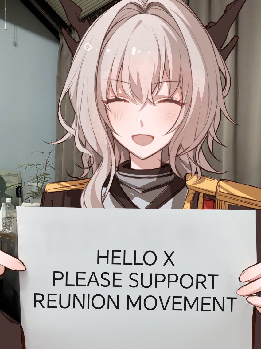 1girl :d ^_^ absurdres arknights black_horns blush closed_eyes english_text epaulettes facing_viewer fingernails grey_hair hair_between_eyes hair_intakes hashtag-only_commentary highres holding holding_paper horns medium_hair meme open_mouth paper photo_background propaganda shadow71580825 smile solo talulah_(arknights) talulah_the_fighter_(arknights) twitter upper_body