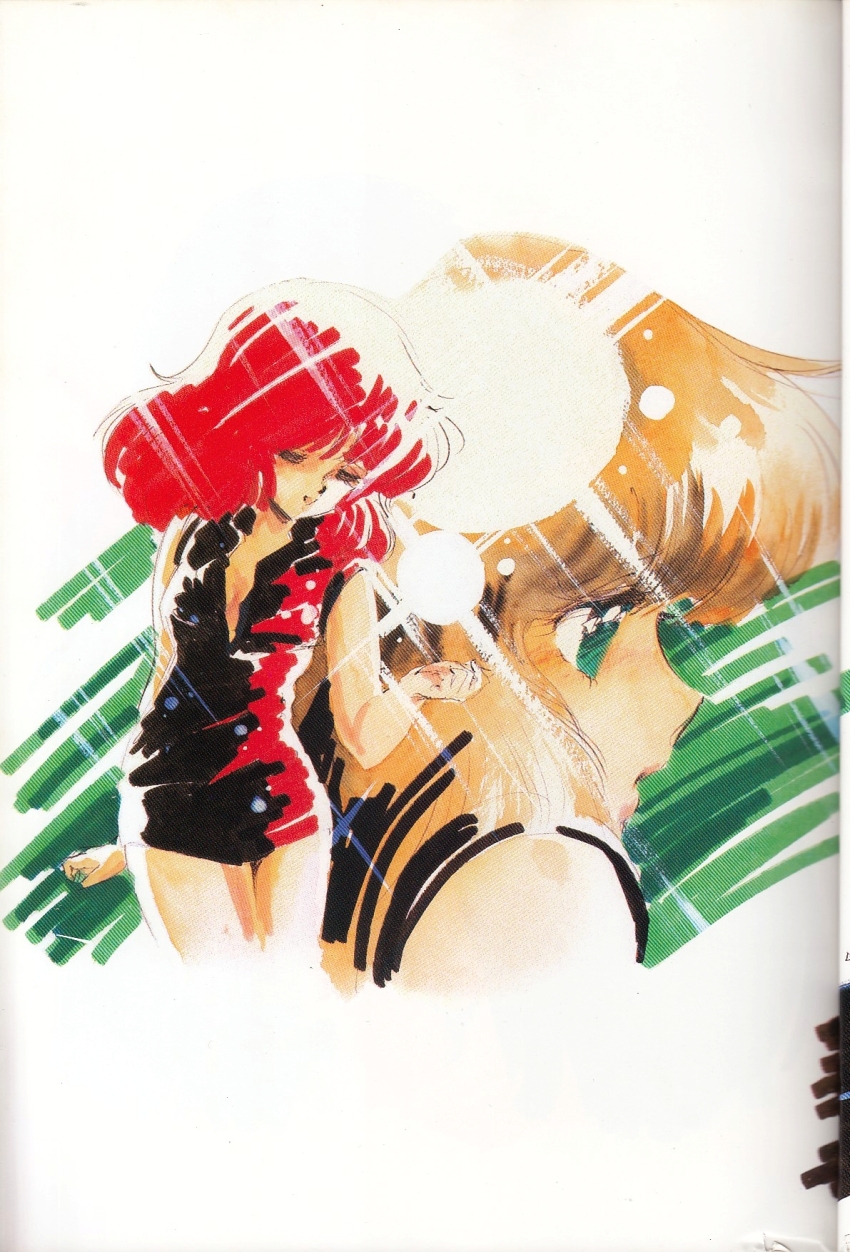 1980s_(style) 2girls brown_hair character_request closed_eyes cream_lemon crease dress green_eyes highres marker_(medium) multiple_girls non-web_source official_art oldschool parted_lips profile red_dress red_hair retro_artstyle scan shingyouji_tatsuya traditional_media
