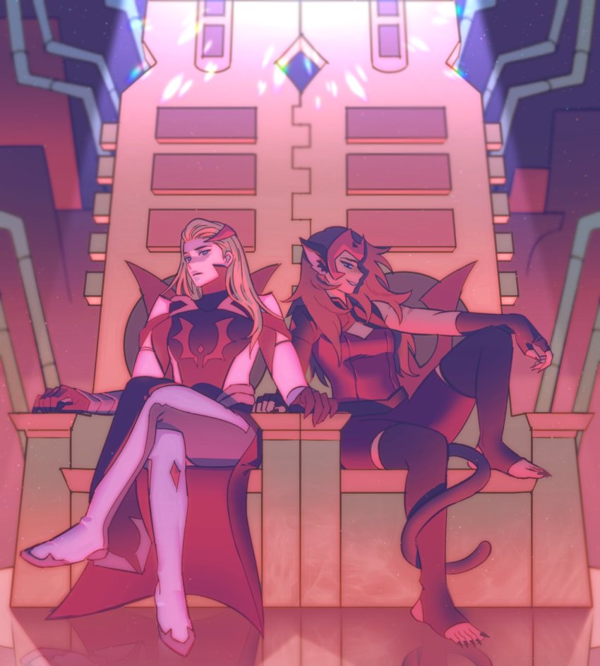 2girls adora_(she-ra) animal_ears bad_end blonde_hair brown_hair cape cat_ears cat_girl cat_tail catra crossed_legs fingernails full_body highres long_hair mondaykilly multiple_girls sharp_fingernails sharp_toenails she-ra_and_the_princesses_of_power sitting stirrup_legwear tail thighhighs throne toeless_legwear toenails