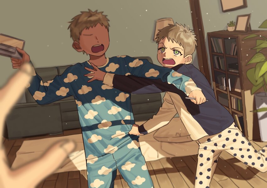 1other 2boys aged_down amaguni_hitoya amaguni_sora blue_shirt blurry blurry_foreground bookshelf brothers child clothes_grab cloud_print couch doshi0810 faceless faceless_male fighting foot_up furrowed_brow green_eyes grey_hair handheld_game_console highres holding holding_stylus hypnosis_mic lamp light_particles male_focus mole mole_under_eye morning multicolored_eyes multiple_boys nintendo_ds pajamas pants picture_frame plant polka_dot polka_dot_legwear potted_plant pov pov_hands purple_eyes reaching shadow shirt short_hair siblings single_eyebrow stylus two-tone_eyes very_short_hair