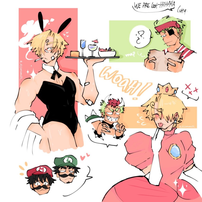 4boys alcohol black_hair black_leotard blonde_hair blush bowser bowser_(cosplay) bracelet cigarette closed_eyes collar cosplay crossdressing crown djjanuwu_zs dress drink earrings english_text gloves heart highres holding holding_tray horns jewelry leotard looking_at_another luigi luigi_(cosplay) male_focus male_playboy_bunny mario mario_(cosplay) mario_(series) monkey_d._luffy multiple_boys nintendo one_piece pink_dress princess_peach princess_peach_(cosplay) rabbit_ears roronoa_zoro sanji_(one_piece) short_hair smoke smoking spiked_bracelet spiked_collar spikes strapless strapless_leotard tongue tongue_out trafalgar_law tray yaoi