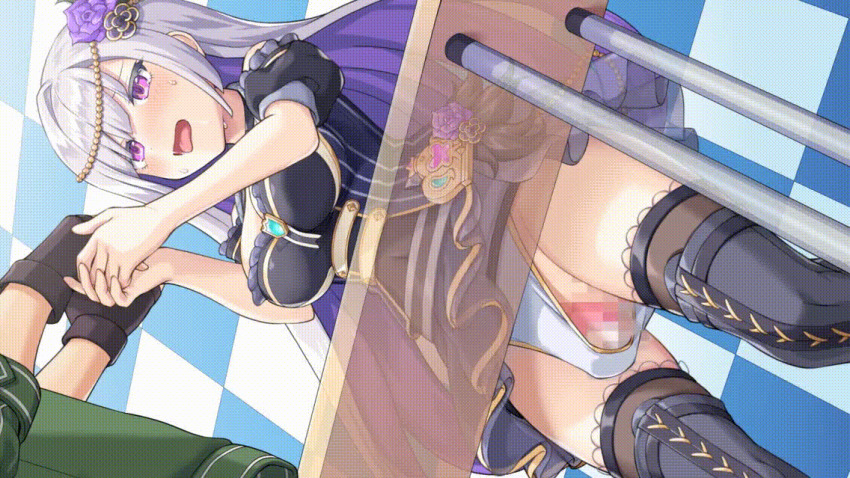 1boy 1girl age_difference animated animated_gif artemis_(idol)_(legend_clover) blush bouncing_breasts breasts censored cleavage dress drooling handshake hetero idol large_breasts legend_clover long_hair mosaic_censoring open_mouth panties purple_eyes sex_toy solo_focus standing thigh_jiggle thighhighs tongue tongue_out underwear vaginal vibrator vibrator_under_clothes vibrator_under_panties white_hair