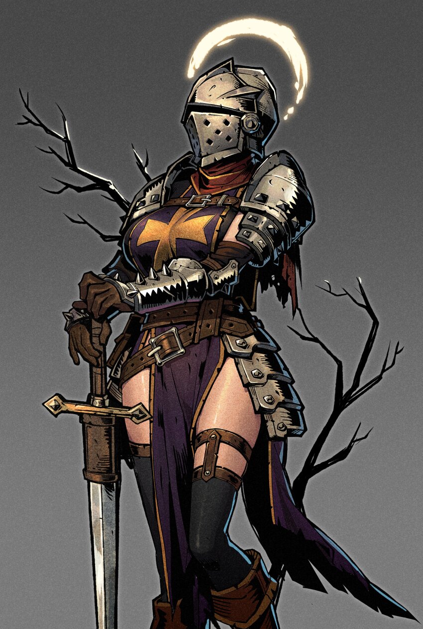 1girl absurdres armor breasts crusader_(darkest_dungeon) darkest_dungeon h_ikenuma helmet highres holding holding_sword holding_weapon large_breasts pauldrons red_scarf scarf shoulder_armor solo sword tabard thighhighs vambraces virtue_(darkest_dungeon) weapon