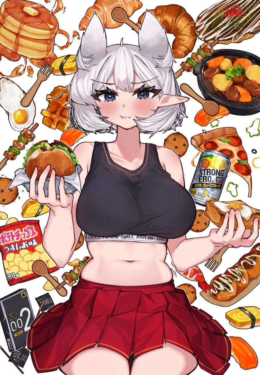 1girl absurdres animal_ears auraaa black_eyes bread bread_slice breasts burger chocolate_chip_cookie condom cookie cowboy_shot croissant food highres holding holding_burger holding_food large_breasts navel okonomiyaki original pancake pizza plump pointy_ears red_skirt skirt solo sports_bra stew sushi toast white_background white_hair