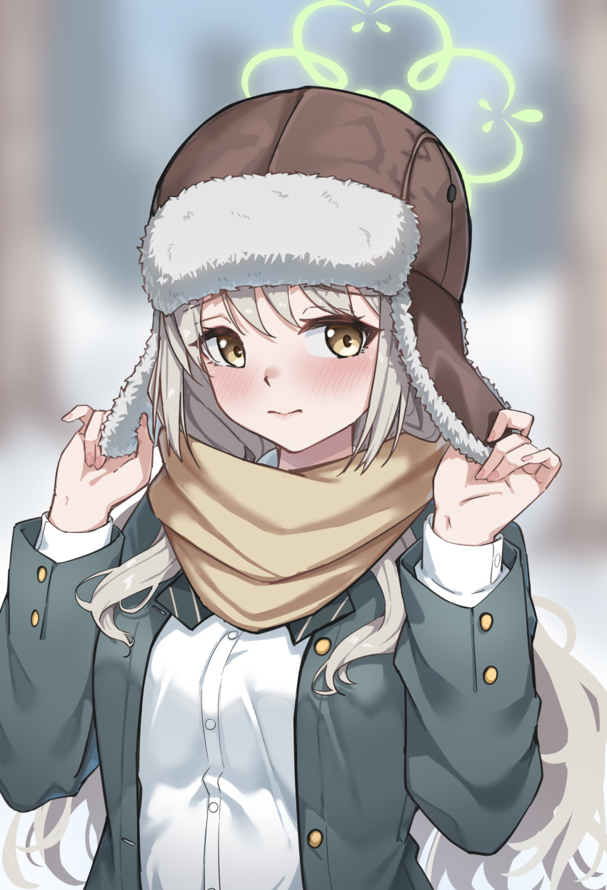 1girl absurdres blue_archive blush bow bowtie commission green_halo grey_hair halo highres jacket long_hair long_sleeves miyo_(blue_archive) pixiv_commission shirt solo striped_bow striped_bowtie striped_clothes sundajin_asagi upper_body white_shirt yellow_eyes