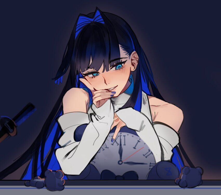 1girl bare_shoulders blue_background blue_eyes blue_hair blue_nails blush clock colored_inner_hair commentary detached_sleeves english_commentary eus_ing eyelashes hair_intakes hilt hololive hololive_english kronie_(ouro_kronii) long_hair looking_to_the_side multicolored_hair nail_polish ouro_kronii ouro_kronii_(casual) smile solo solo_focus upper_body virtual_youtuber