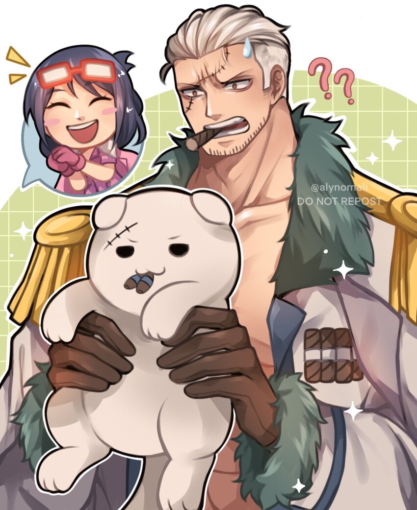 1boy 1girl ? ?? alynomali animalization bara character_doll chibi chibi_inset coat confused doll eyewear_on_head highres holding holding_stuffed_toy laughing muscular muscular_male one_piece pectoral_cleavage pectorals short_hair smoker_(one_piece) sparkle sparse_stubble stitches stuffed_toy tashigi upper_body white_hair