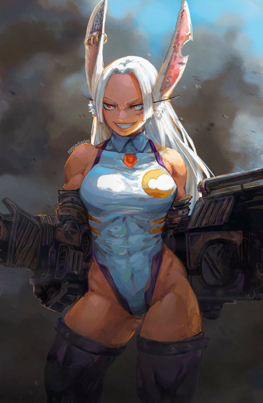 1girl abs absurdres amputee animal_ears boku_no_hero_academia colorized crescent_print dark-skinned_female dark_skin derivative_work double_amputee grin highres leotard long_eyelashes long_hair mechanical_arms mirko oopsiediasies prosthetic_weapon purple_thighhighs rabbit_ears red_eyes scar scar_on_face leotard smile solo superhero_costume teeth thighhighs toned toned_female white_hair white_leotard