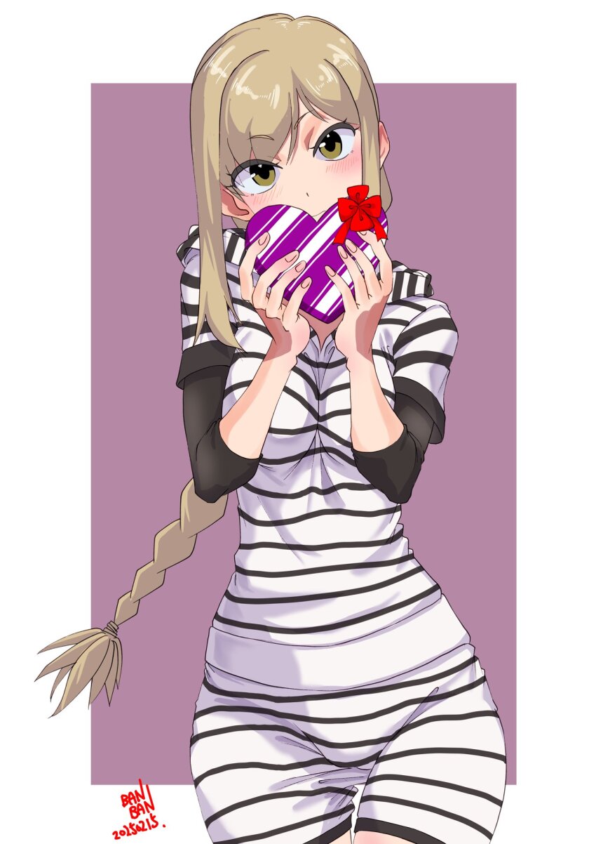 1girl artist_name blonde_hair blush box braid braided_ponytail breasts cowboy_shot dated gift gift_box head_tilt heart-shaped_box highres holding holding_gift hood hoodie ikaika0326 long_hair looking_at_viewer medium_breasts prison_clothes purple_background school_girl_strikers shirt shorts sidelocks signature simple_background single_braid solo standing striped_clothes striped_shirt thigh_gap valentine yaginuma_io yellow_eyes