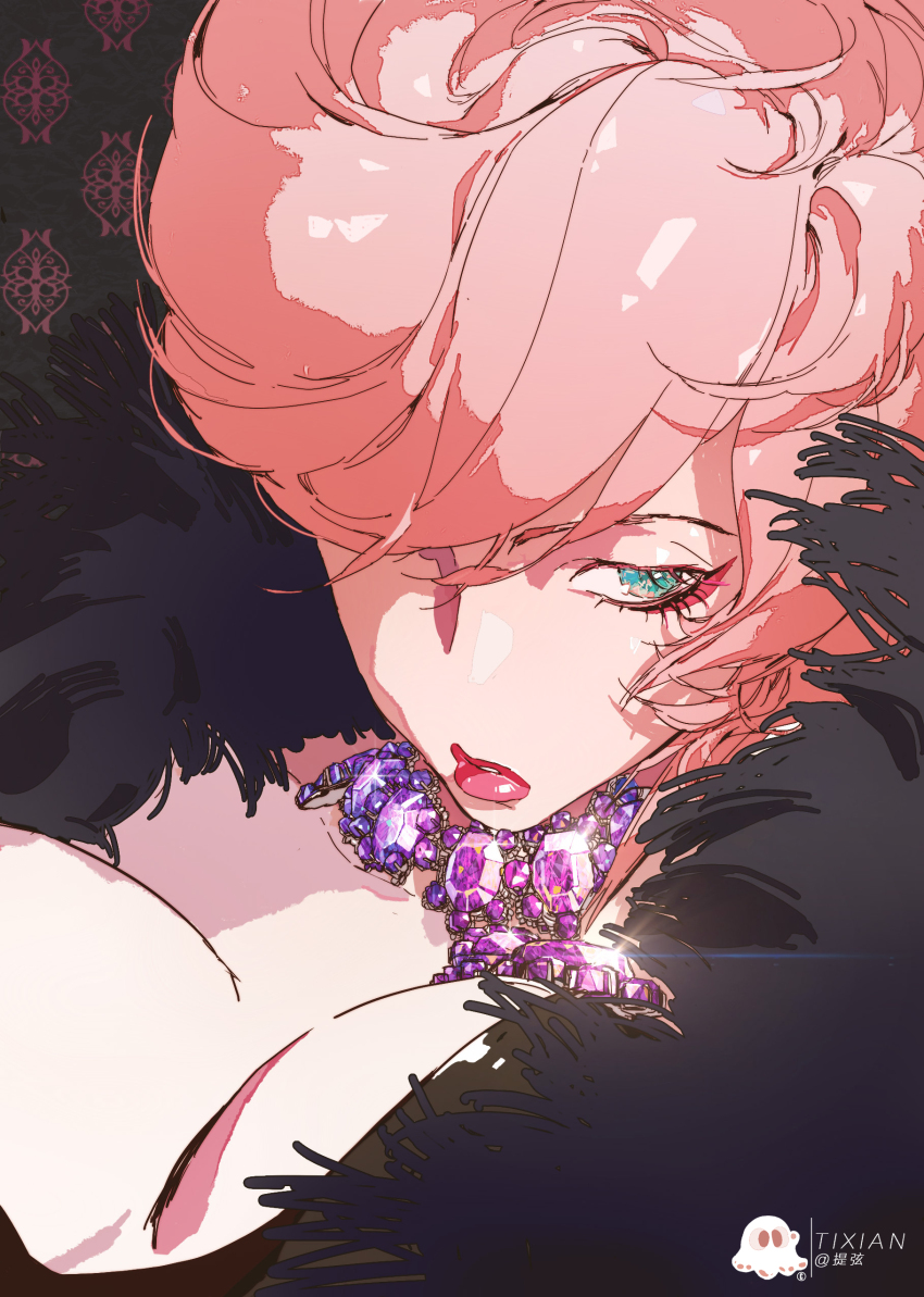 1girl absurdres black_fur breasts commentary english_commentary highres jewelry jojo_no_kimyou_na_bouken large_breasts midriff necklace pink_hair short_hair solo tixili trish_una vento_aureo