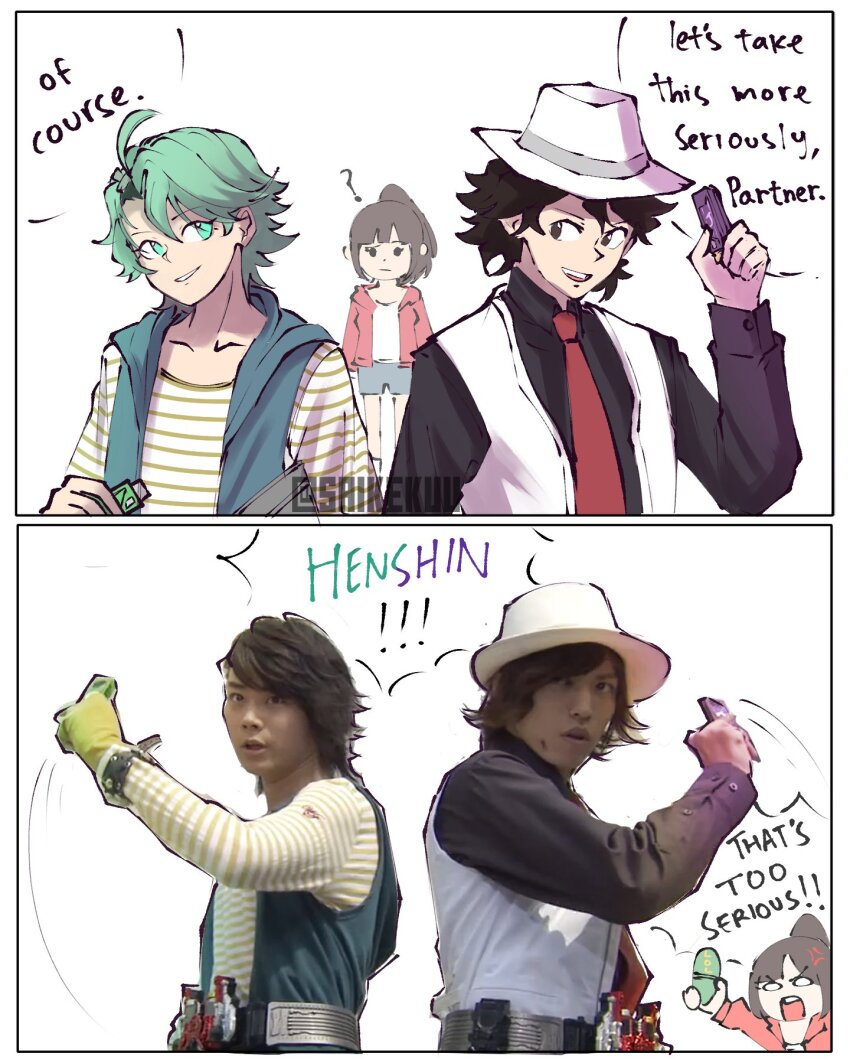 1girl 2boys black_hair brown_eyes can&#039;t_you_take_anything_seriously?_(meme) double_driver english_text fedora fuuto_tantei gaia_memory green_eyes hat henshin_pose hidari_shoutarou highres holding jacket kamen_rider kamen_rider_w long_sleeves looking_at_viewer male_focus meme multiple_boys narumi_akiko necktie philip_(kamen_rider) photo_inset real_life_insert saikekuu shirt short_hair smile striped_clothes striped_shirt vest