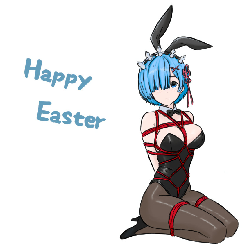 1girl absurdres animal_ears arms_behind_back black_bow black_bowtie black_leotard black_shoes blue_eyes blue_hair bound bound_arms bound_legs bow bowtie breasts detached_collar easter english_text fake_animal_ears female_focus hair_ornament hair_over_one_eye hairclip high_heels highres large_breasts leotard matching_hair/eyes pantyhose playboy_bunny rabbit_ears re:zero_kara_hajimeru_isekai_seikatsu rem_(re:zero) rope seiza shibari shibari_over_clothes shoes short_hair sitting solo strapless strapless_leotard user_nvrd7583 white_background