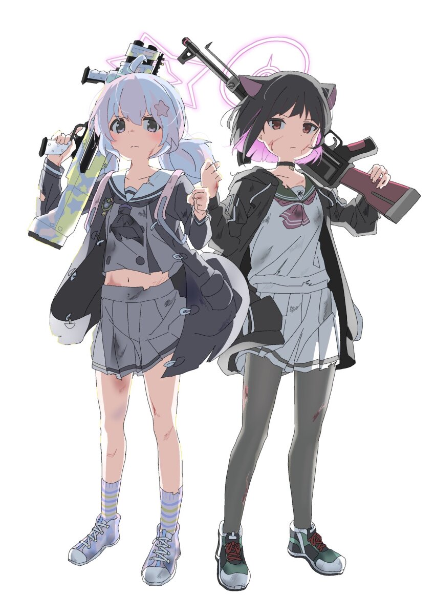 2girls ahoge animal_ears black_choker black_hair black_jacket black_neckerchief black_pantyhose blue_archive blue_hair bren_lmg bruise cat_ears choker closed_mouth colored_inner_animal_ears colored_inner_hair dot_nose extra_ears fist_bump fuyubone green_sailor_collar grey_eyes grey_serafuku grey_shirt grey_skirt gun hair_ornament halo highres holding holding_gun holding_weapon injury jacket kazusa_(blue_archive) light_blue_hair light_machine_gun long_sleeves machine_gun medium_hair midriff multicolored_hair multiple_girls navel neckerchief open_clothes open_jacket over_shoulder pantyhose pink_hair pink_halo pink_neckerchief pleated_skirt red_eyes reisa_(blue_archive) sailor_collar school_uniform scrape serafuku shirt shoes short_hair simple_background skirt sneakers socks standard_manufacturing_dp-12 standing star_(symbol) star_hair_ornament star_halo streaked_hair striped_clothes striped_socks trinity_general_school_logo two-tone_hair weapon weapon_over_shoulder white_background white_sailor_collar white_serafuku white_shirt white_skirt