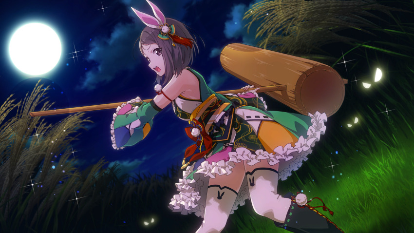 1girl 22/7 22/7_ongaku_no_jikan animal_ears detached_sleeves dress dutch_angle fake_animal_ears foot_out_of_frame frilled_dress frills from_below full_moon game_cg grey_eyes grey_hair hair_ornament highres hiiragi_tsubomi holding holding_mallet kine lens_flare looking_at_viewer mallet medium_hair moon multicolored_dress night night_sky non-web_source official_art on_grass open_mouth rabbit_ears sky solo sparkle susuki_grass thighhighs