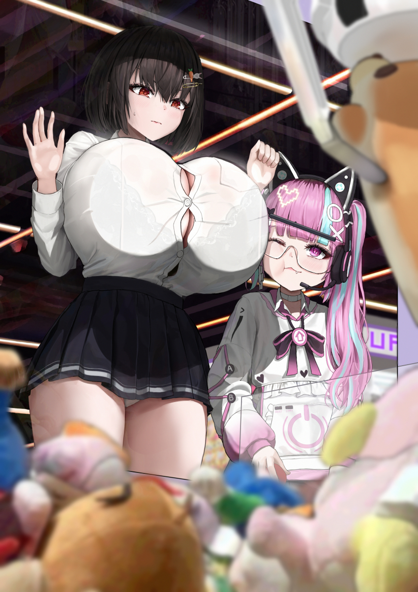 2girls ;3 absurdres against_glass animal_ears aqua_hair black_bow black_bowtie black_hair black_skirt blurry blurry_foreground bow bowtie bra_visible_through_clothes breast_press breasts breasts_on_glass buttons crane_game fake_animal_ears fang fang_out hair_ornament headset heart highres huge_breasts indoors irorong long_hair long_sleeves miniskirt multicolored_bow multicolored_bowtie multicolored_hair multicolored_sweater multiple_girls one_eye_closed original panties pantyshot pink_bow pink_bowtie pink_eyes pink_hair pleated_skirt red_eyes see-through_clothes semi-rimless_eyewear shirt short_hair side_ponytail skirt streaked_hair stuffed_animal stuffed_toy sweater under-rim_eyewear underwear white_panties white_shirt white_sweater