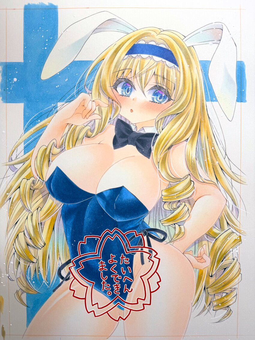 1girl absurdres blonde_hair blue_eyes breasts cecilia_alcott cleavage covered_navel drill_hair hair_ribbon hand_on_own_hip highres infinite_stratos large_breasts legs leotard long_hair looking_at_viewer parted_lips playboy_bunny rabbit_ears red_lips ribbon solo thighs traditional_media very_long_hair