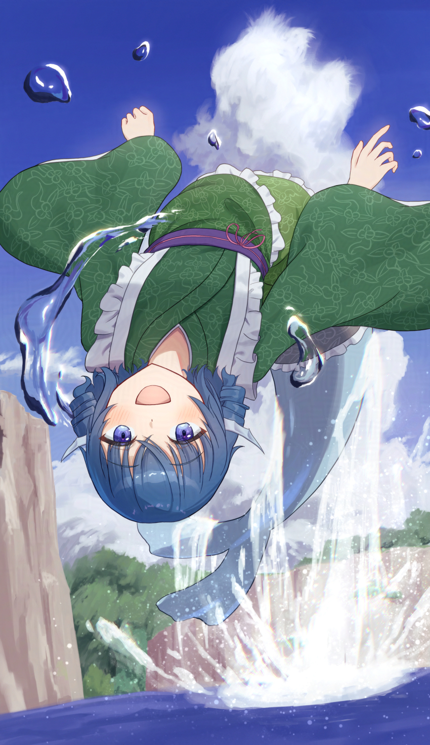 1girl absurdres beckody blue_eyes blue_hair blue_sky blush cloud commentary day drill_hair drill_sidelocks english_commentary fins frilled_kimono frills green_kimono head_fins highres japanese_clothes kimono kneeless_mermaid long_hair long_sleeves looking_at_viewer mermaid monster_girl obi open_mouth purple_sash sash sidelocks sky smile solo touhou upside-down wakasagihime water wide_sleeves