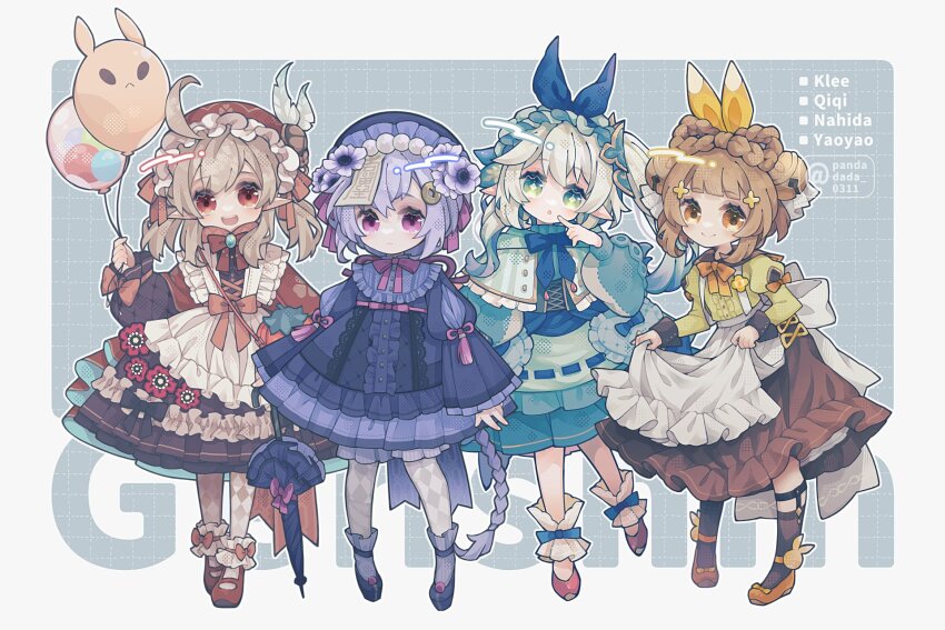 ! 4girls :d :o ahoge alternate_costume ankle_bow ankle_garter ankle_ribbon apron apron_hold argyle_clothes argyle_legwear balloon bell black_dress black_socks blue_bow blue_bowtie blue_hair blush bow bow-shaped_hair bowtie braid brown_dress brown_eyes newsboy_cap capelet character_balloon coin_hair_ornament commentary diamond_(shape) dodoco_(genshin_impact) dress dress_bow english_text flower frilled_apron frilled_capelet frilled_dress frilled_hat frills full_body genshin_impact gothic_lolita gradient_hair green_eyes hair_bell hair_bow hair_ornament hand_up hat hat_feather head_tilt highres holding holding_balloon holding_umbrella klee_(genshin_impact) layered_dress leaf_hair_ornament leg_ribbon light_brown_hair lolita_fashion long_hair long_sleeves looking_at_viewer mary_janes multicolored_hair multiple_girls nahida_(genshin_impact) open_mouth orange_shoes pandadada_0311 pantyhose pointing pointing_at_self pointy_ears purple_dress purple_eyes purple_flower purple_footwear purple_socks qiqi_(genshin_impact) red_bow red_eyes red_footwear red_hat ribbon shoes short_twintails smile socks standing standing_on_one_leg star-shaped_pupils star_(symbol) strawberry_bag symbol-shaped_pupils talisman tassel twintails twitter_username umbrella very_long_hair white_apron white_hair white_pantyhose x_hair_ornament yaoyao_(genshin_impact)