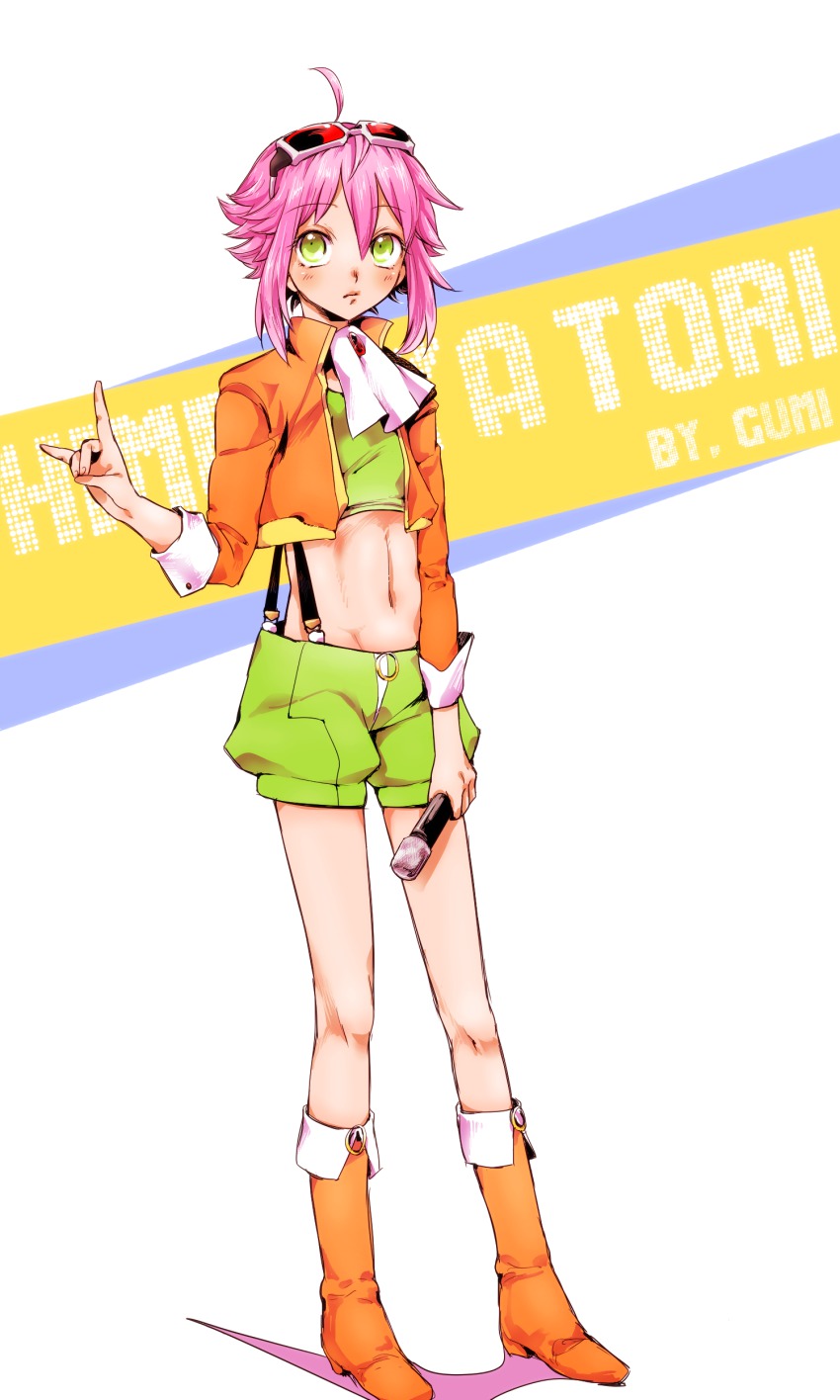1boy \m/ absurdres ahoge androgynous anom_(no_more) ascot bad_id bad_pixiv_id blush boots character_name cosplay driedmango ensemble_stars! eyewear_on_head full_body green_eyes gumi gumi_(cosplay) gumi_(v3_megpoid) highres himemiya_tori jacket male_focus microphone midriff navel pink_hair short_hair short_shorts shorts sidelocks simple_background solo sunglasses suspenders vocaloid