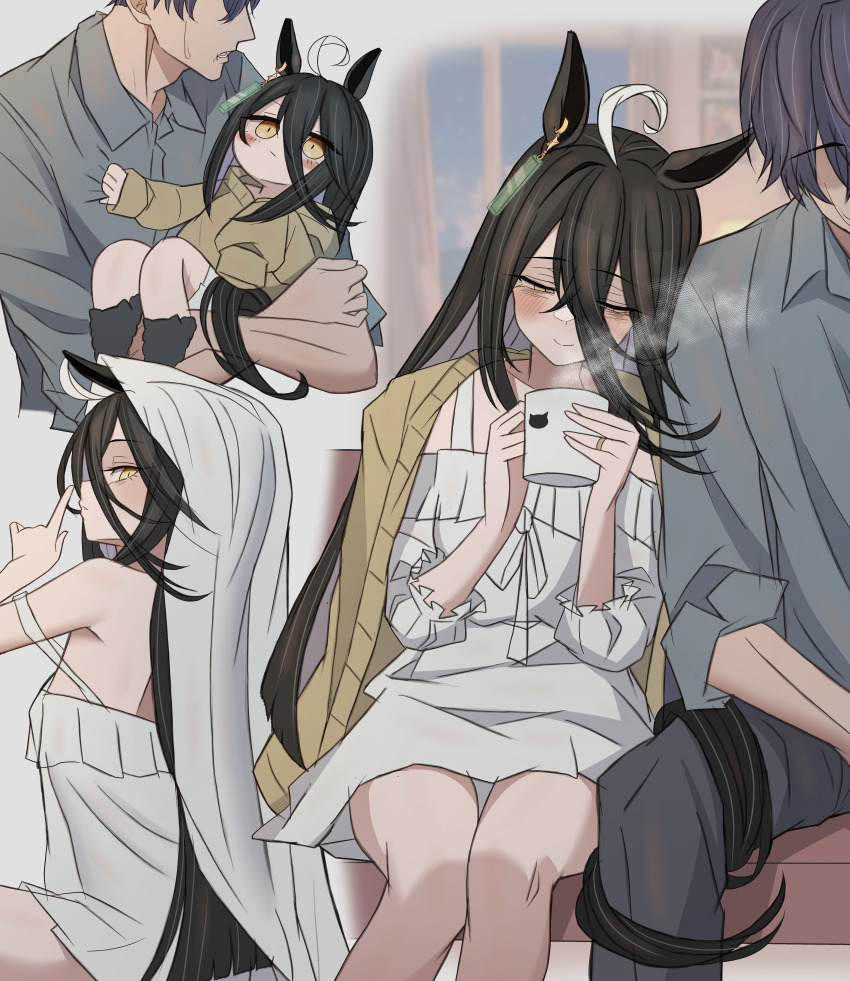1boy 1girl absurdres alternate_costume animal_ears bare_shoulders black_hair black_socks blush cardigan cardigan_on_shoulders carrying closed_mouth coffee_mug cup dress finger_to_mouth from_side grey_jacket grey_pants hair_between_eyes head_on_another&#039;s_shoulder highres holding holding_cup horse_ears horse_girl horse_tail jacket kneehighs leogust long_bangs long_hair manhattan_cafe_(umamusume) mug no_eyes pants princess_carry purple_hair short_hair shushing sidelocks sleeves_rolled_up smile socks tail tail_wrap textless_version trainer_(umamusume) umamusume very_short_hair white_dress yellow_cardigan yellow_eyes