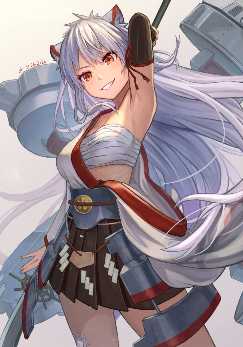 1girl animal_ear_fluff animal_ears arm_up armor armpits azur_lane black_skirt blush breasts cat_ears chest_sarashi cleavage commentary commission cowboy_shot dated faulds floating_hair grin hadanugi_dousa hair_between_eyes highres hyuuga_(azur_lane) japanese_clothes kimono large_breasts long_hair looking_at_viewer machinery midriff naginata open_clothes open_kimono polearm red_eyes rigging sakumichi sakuramon sarashi ship&#039;s_wheel ship_turret sidelocks signature silver_hair simple_background skeb_commission skirt smile solo standing weapon white_background wide_sleeves