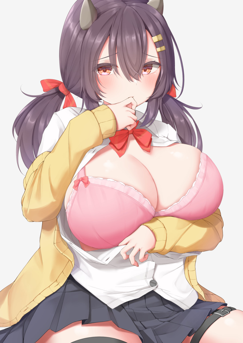 1girl arm_under_breasts azur_lane beige_cardigan black_skirt blush bow bra breasts breasts_out cardigan cleavage embarrassed finger_to_mouth grey_background hair_between_eyes hair_bow hair_ornament hairclip highres horns huge_breasts long_hair looking_at_viewer miniskirt nagara_(azur_lane) open_cardigan open_clothes orange_eyes partially_unbuttoned pink_bra pleated_skirt red_bow school_uniform shirt simple_background sitting skirt sokona_(sosokona) solo thigh_strap twintails underwear white_shirt