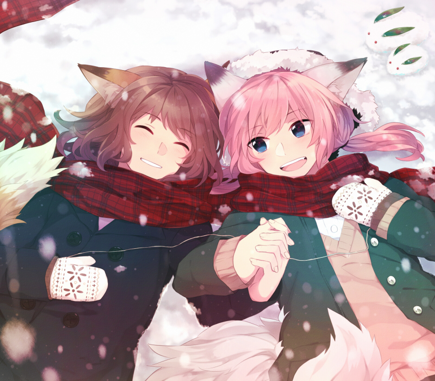 2boys androgynous animal_ears blue_eyes brown_hair closed_eyes coat fang fox_ears fox_tail highres holding_hands hoshiyui_tsukino inazuma_eleven_(series) inazuma_eleven_go kirino_ranmaru male_focus mittens multiple_boys open_mouth peacoat pink_hair plaid_clothes plaid_scarf scarf shared_clothes shared_scarf shindou_takuto smile snow sweater tail trap twintails winter