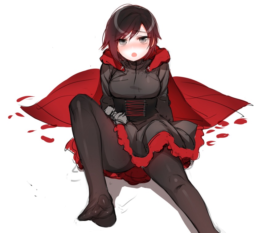 1girl :o black_hair blush feet female_focus grey_eyes highres leaning_back multicolored_hair ndgd no_shoes panties pantyhose pantyshot red_hair red_panties ruby_rose rwby short_hair sitting solo streaked_hair underwear