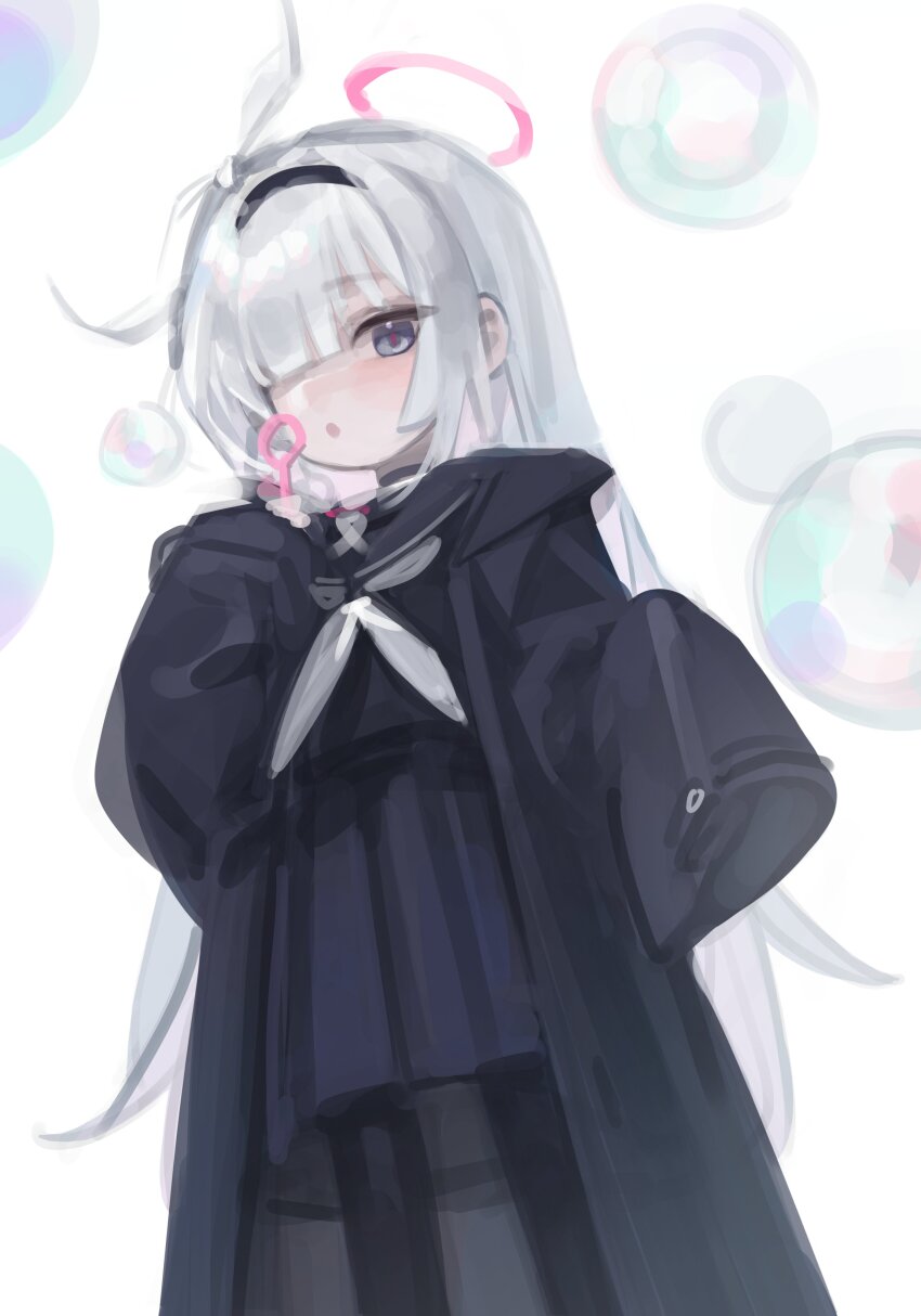 1girl absurdres black_choker black_coat black_hairband black_sailor_collar black_serafuku black_shirt black_skirt blowing blue_archive bow bubble bubble_wand choker coat gimgodttule hair_over_one_eye hairband halo highres holding long_hair long_sleeves looking_at_viewer neckerchief open_mouth pantyhose pastel_colors plana_(blue_archive) red_halo sailor_collar school_uniform serafuku shirt skirt standing white_background white_bow white_hair white_neckerchief